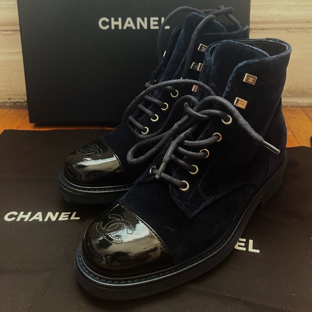 New CHANEL Velvet Lace Up Boots (37 1/2) US 7